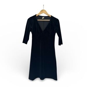 VTG 90s 90s Black Velvet V-Neck Midi Dress S 3/4 Sleeve Frederick's of Hollywood